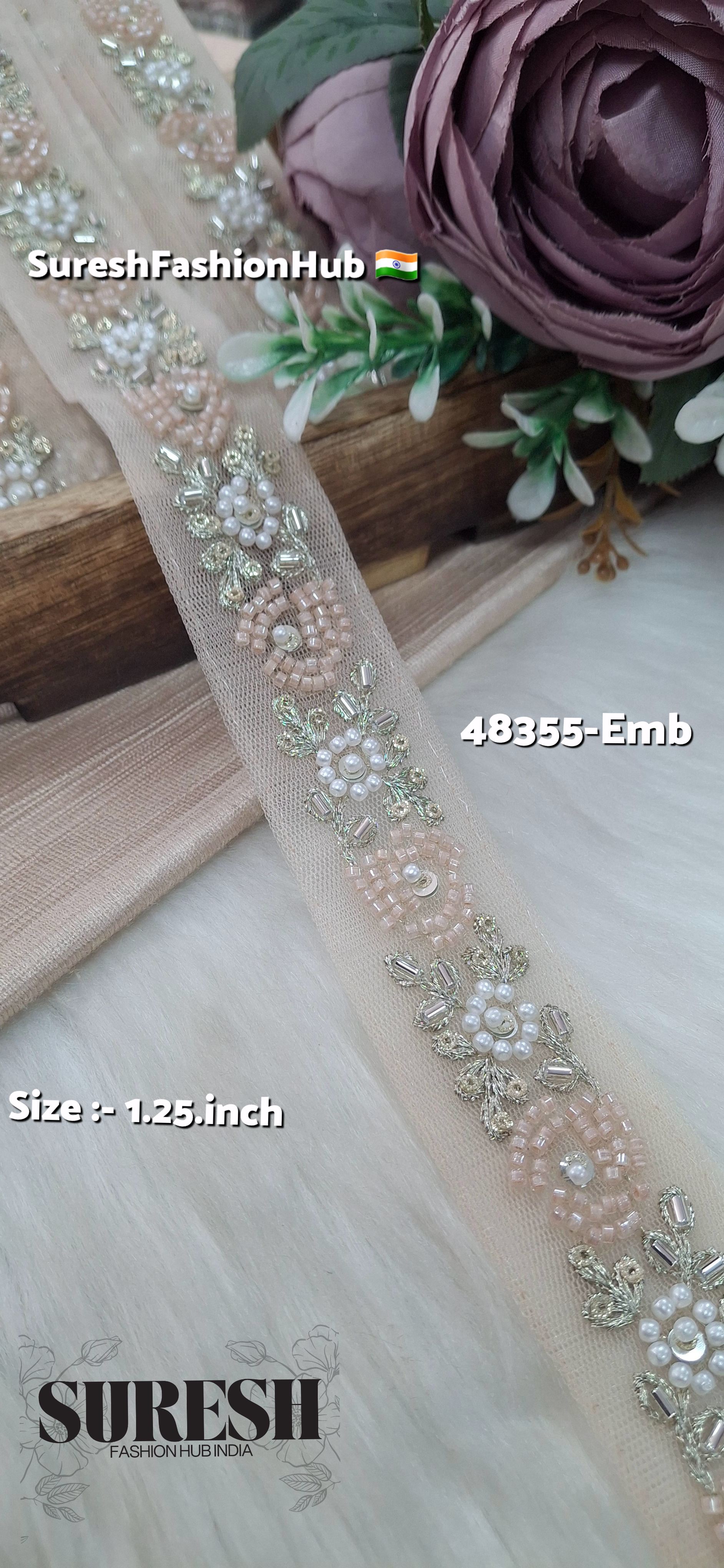 Light Peach Beaded Bloom Net Embroidered Lace