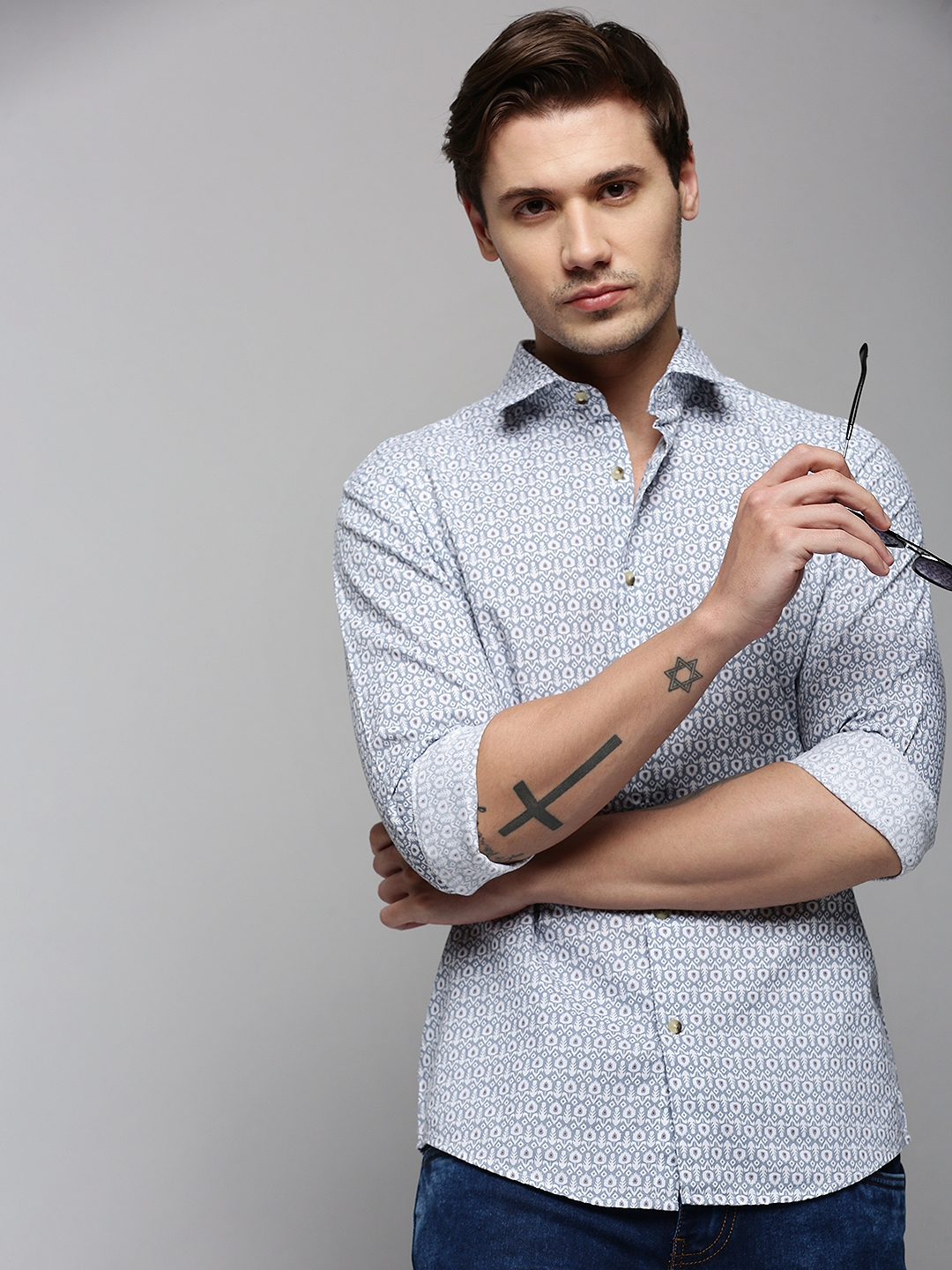 Showoff | SHOWOFF Men's Spread Collar Long Sleeves Printed Grey Shirt 0