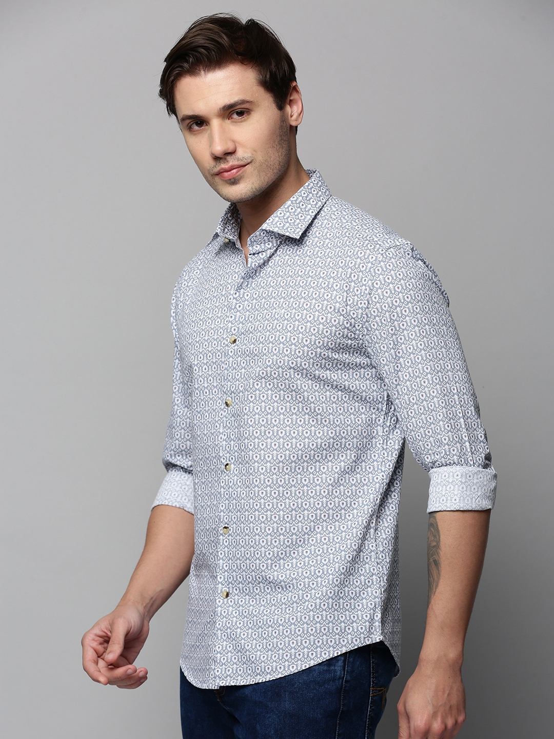 Showoff | SHOWOFF Men's Spread Collar Long Sleeves Printed Grey Shirt 2