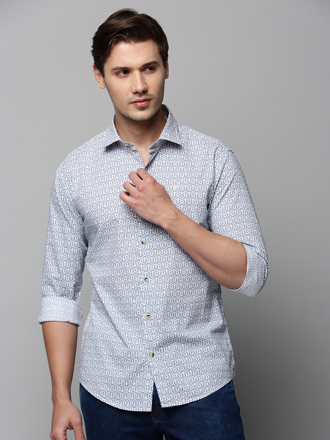 Showoff | SHOWOFF Men's Spread Collar Long Sleeves Printed Grey Shirt 1