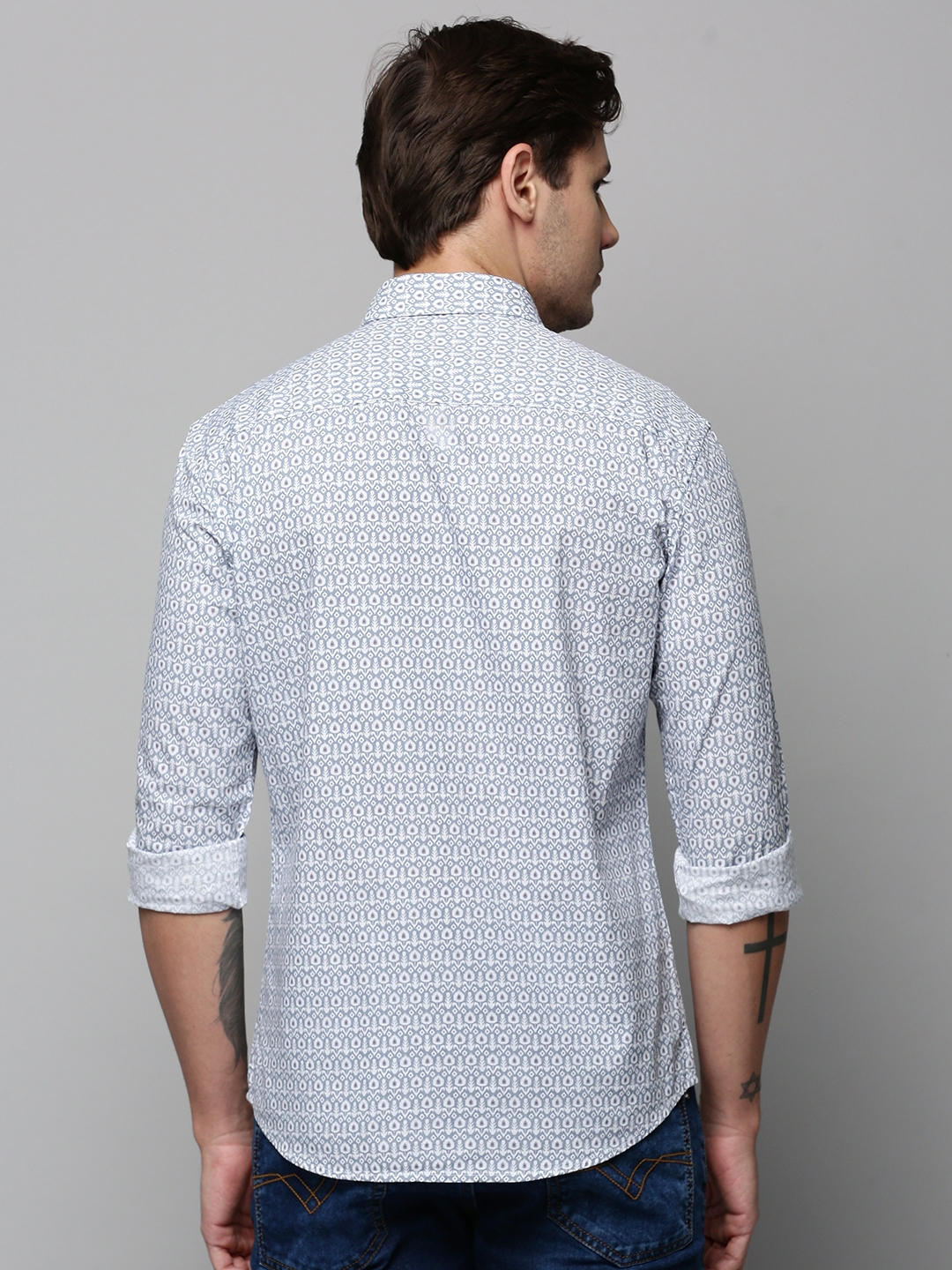 Showoff | SHOWOFF Men's Spread Collar Long Sleeves Printed Grey Shirt 3