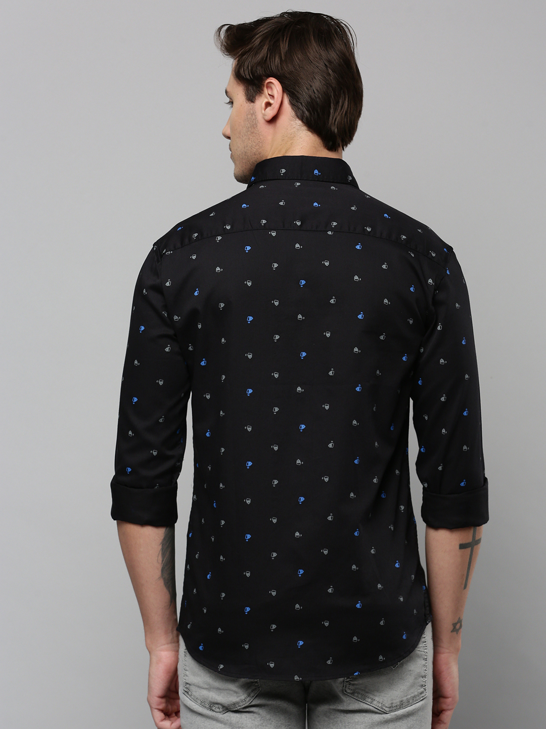 SHOWOFF Men's Spread Collar Long Sleeves Printed Black Shirt