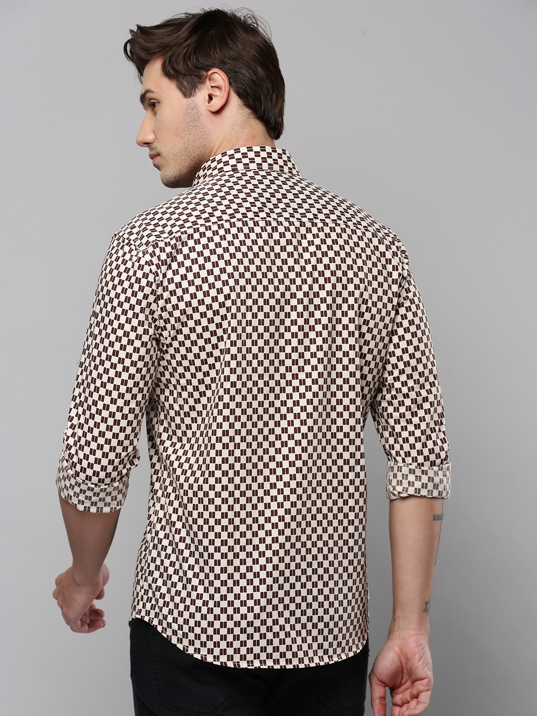 Showoff | SHOWOFF Men's Spread Collar Long Sleeves Printed Beige Shirt 3