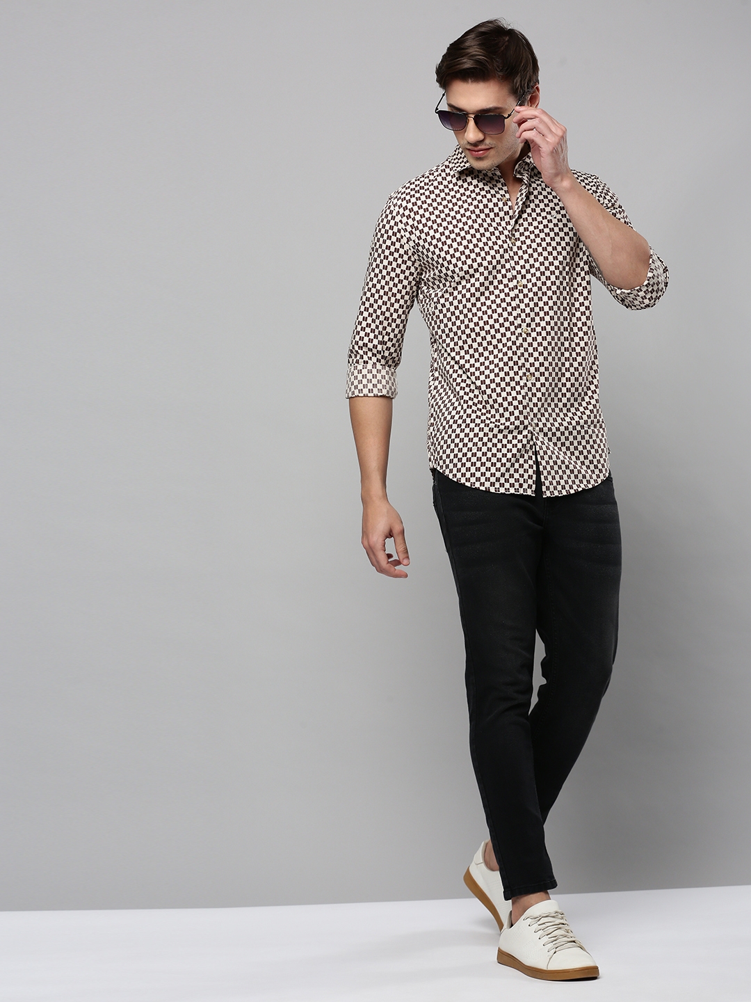 Showoff | SHOWOFF Men's Spread Collar Long Sleeves Printed Beige Shirt 4