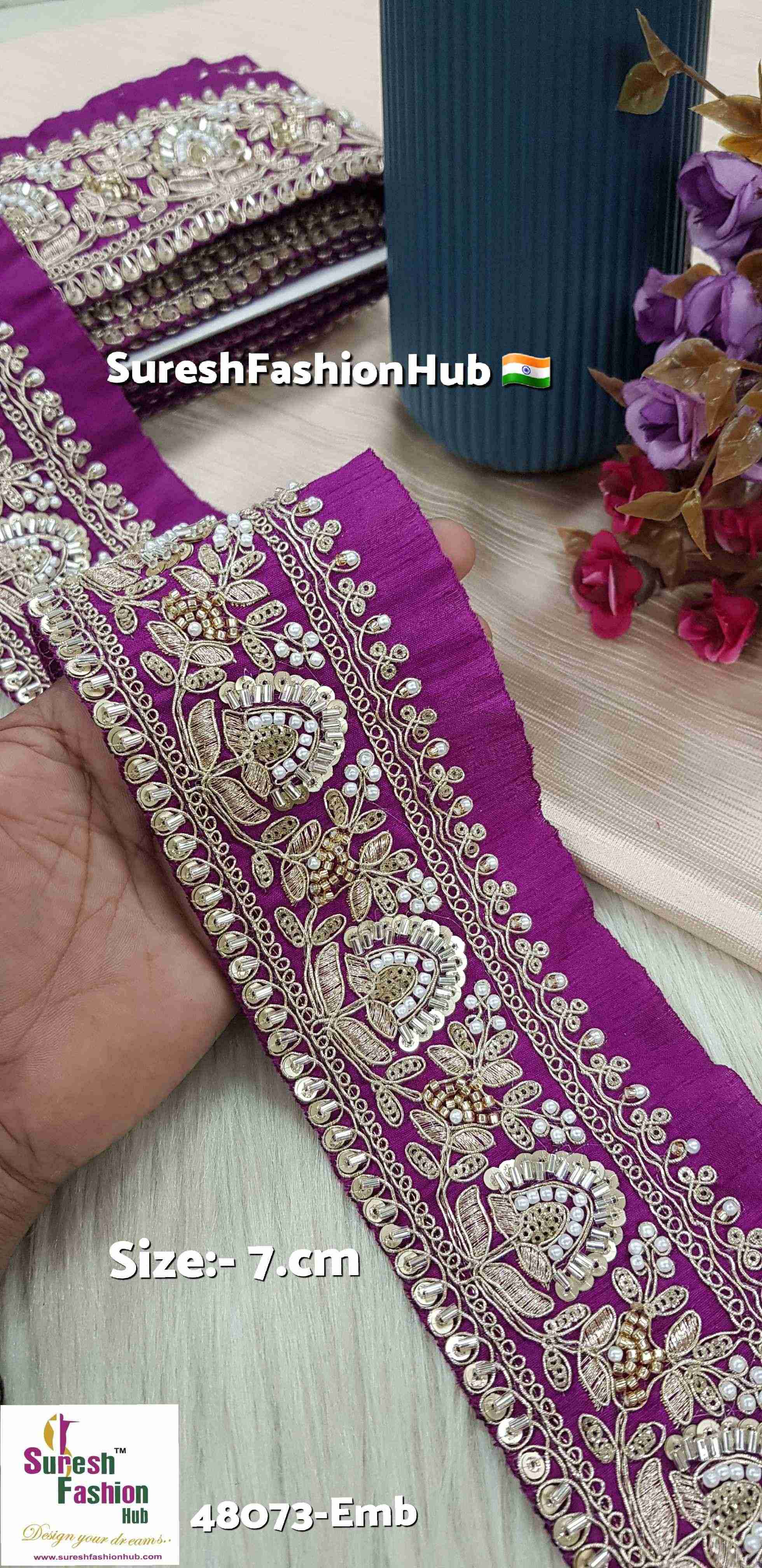 Magenta Pearl Gold Embroidery Floral Border Lace