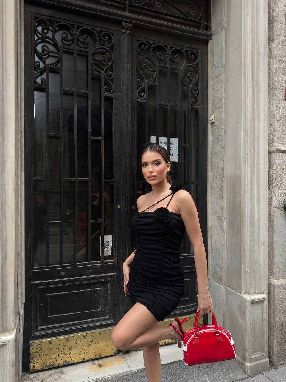 Black off shoulder rose dress