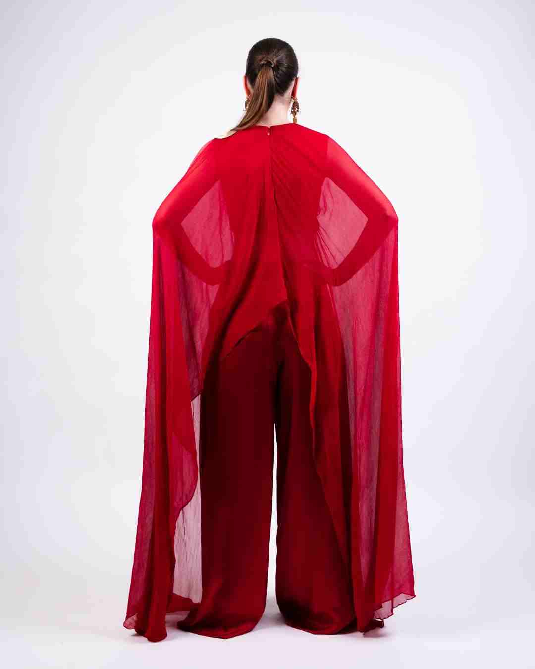AKOK Red Silk Dupatta Cape with Trouser Co-ords