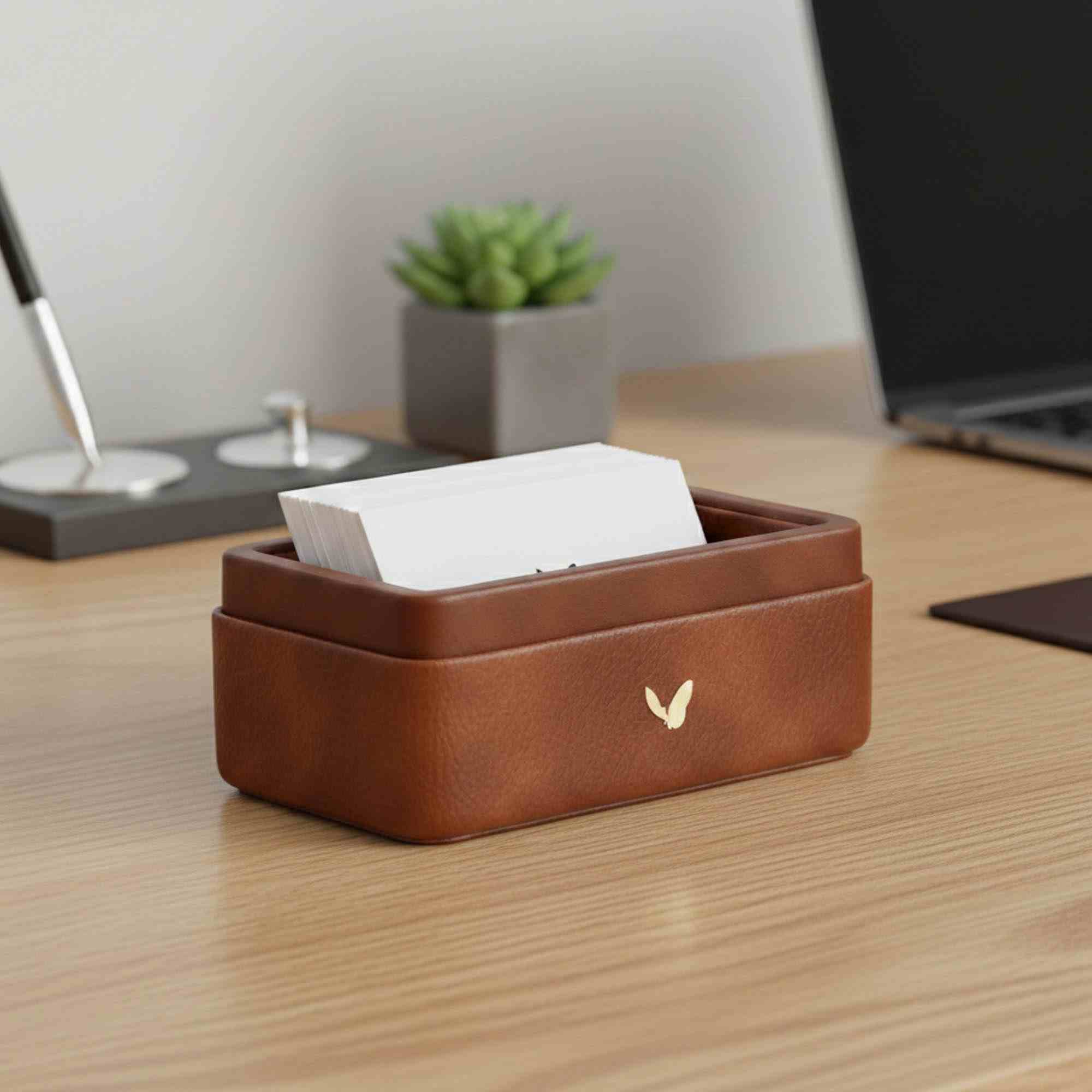 Visiting Card Holder for Desk | Faux Leather | Rectangular | Classic | Tan