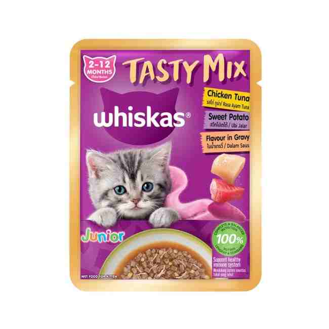 Whiskas Tasty Mix Junior Pouch Chicken Tuna Sweet Potato Flavor in Gravy for Cats 70g