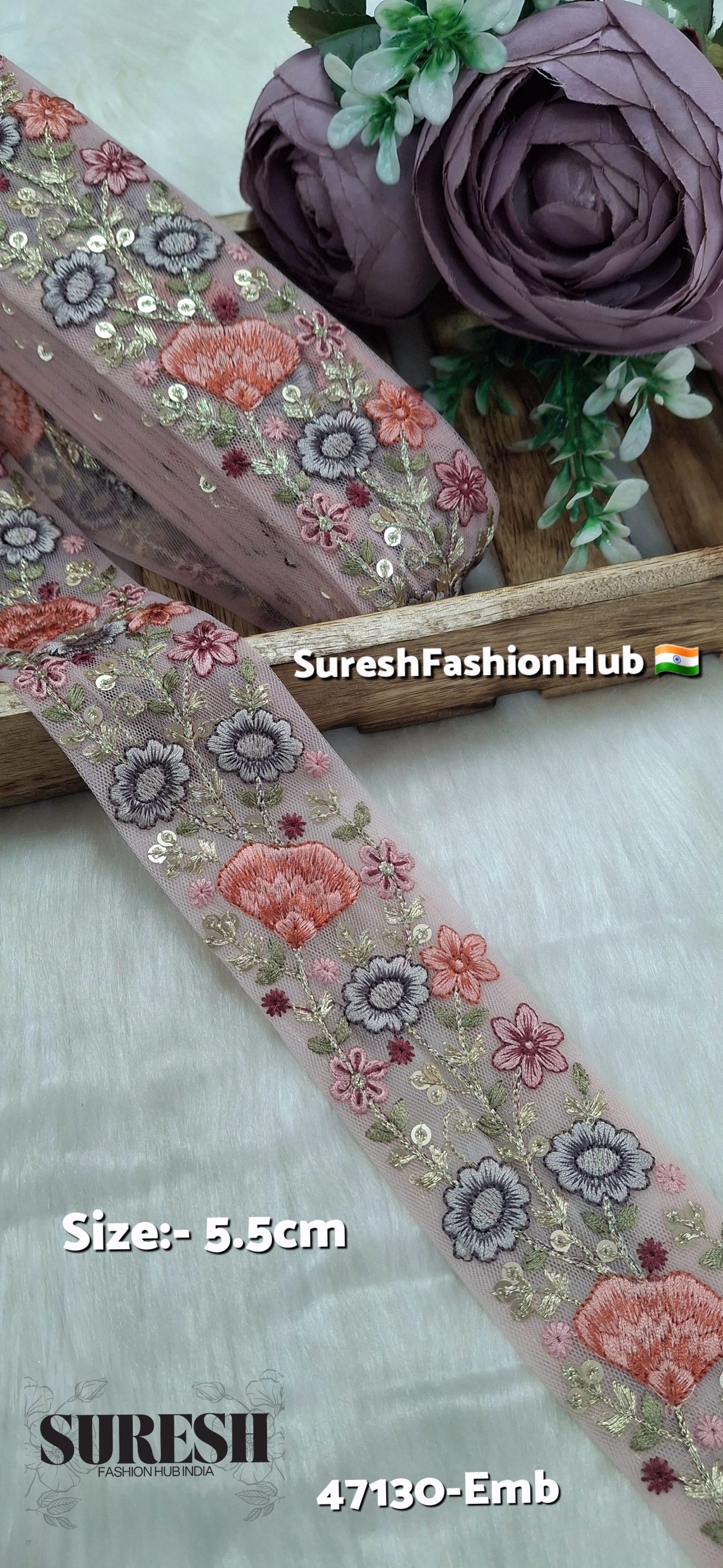 Pink  Net Multi-Thread Floral Embroidery Lace