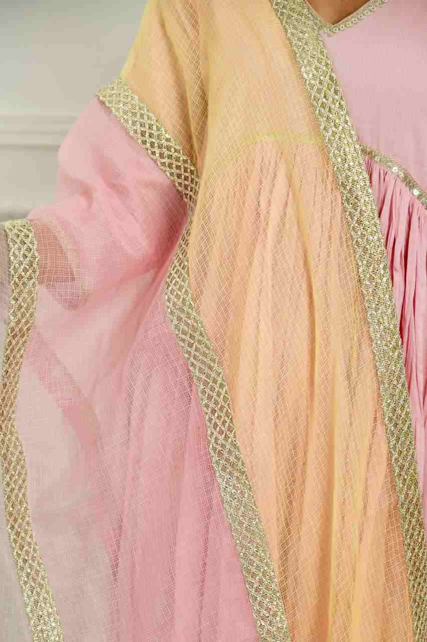 Naksh Pink Solid Voile Kurta, Pants & Tricolour Dupatta (Set of 3)