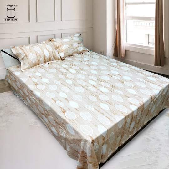Boria Bistar | Boria Bistar 100% Cotton Twill Satin Pearl Printed Double Bedsheet with 2 Pillowcovers|1