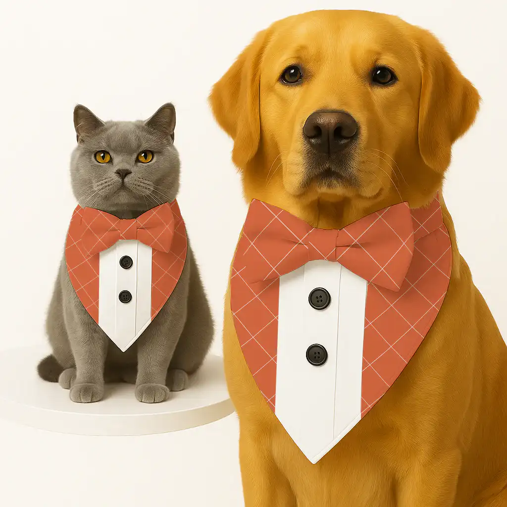 PawsIndia Orange Checks Pattern Tuxedo Bandana with Matching Bow for Pets