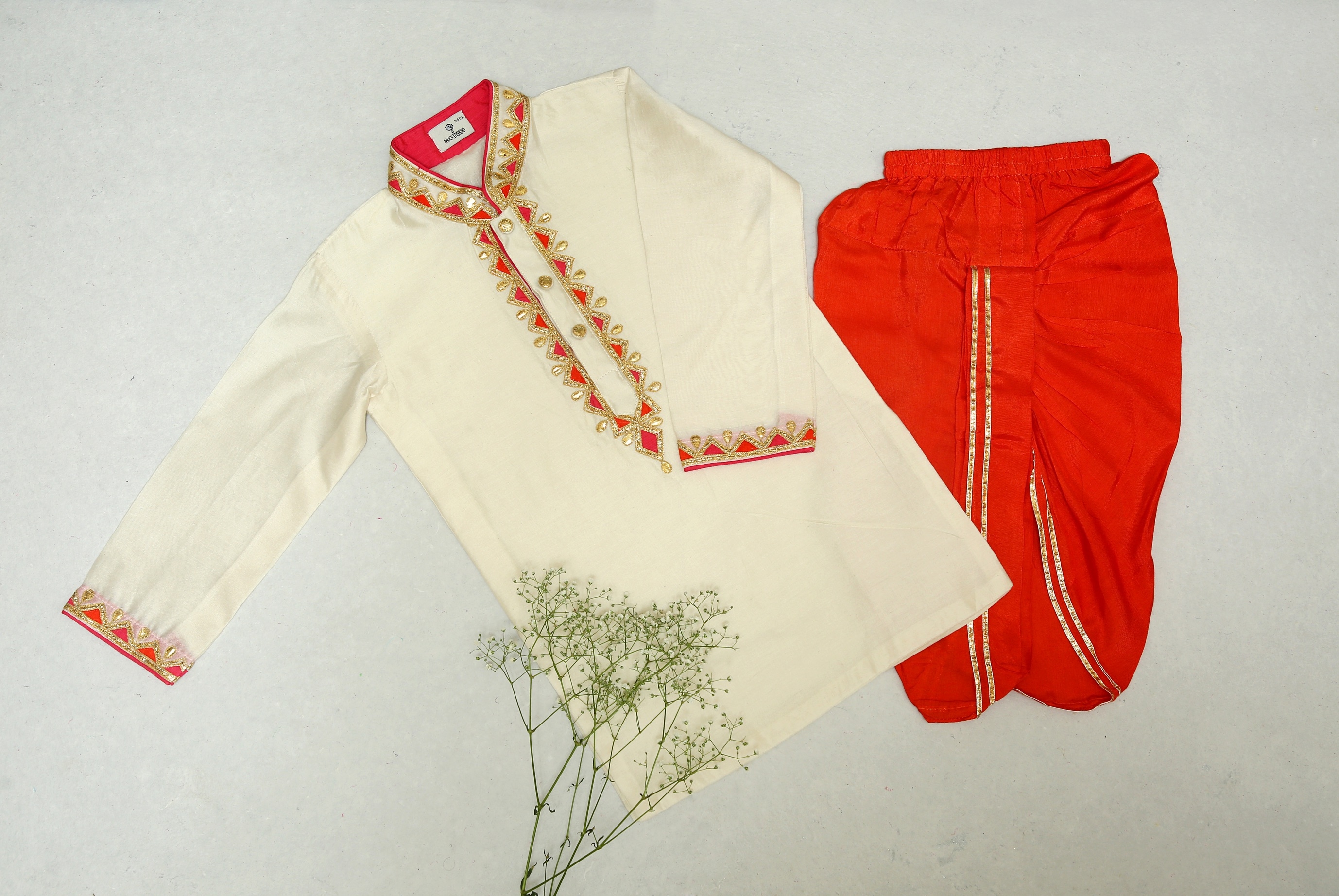 Mockingbird | Ivory Chanderi Kurta With Orange And Pink Patchwork with Orange Dhoti undefined