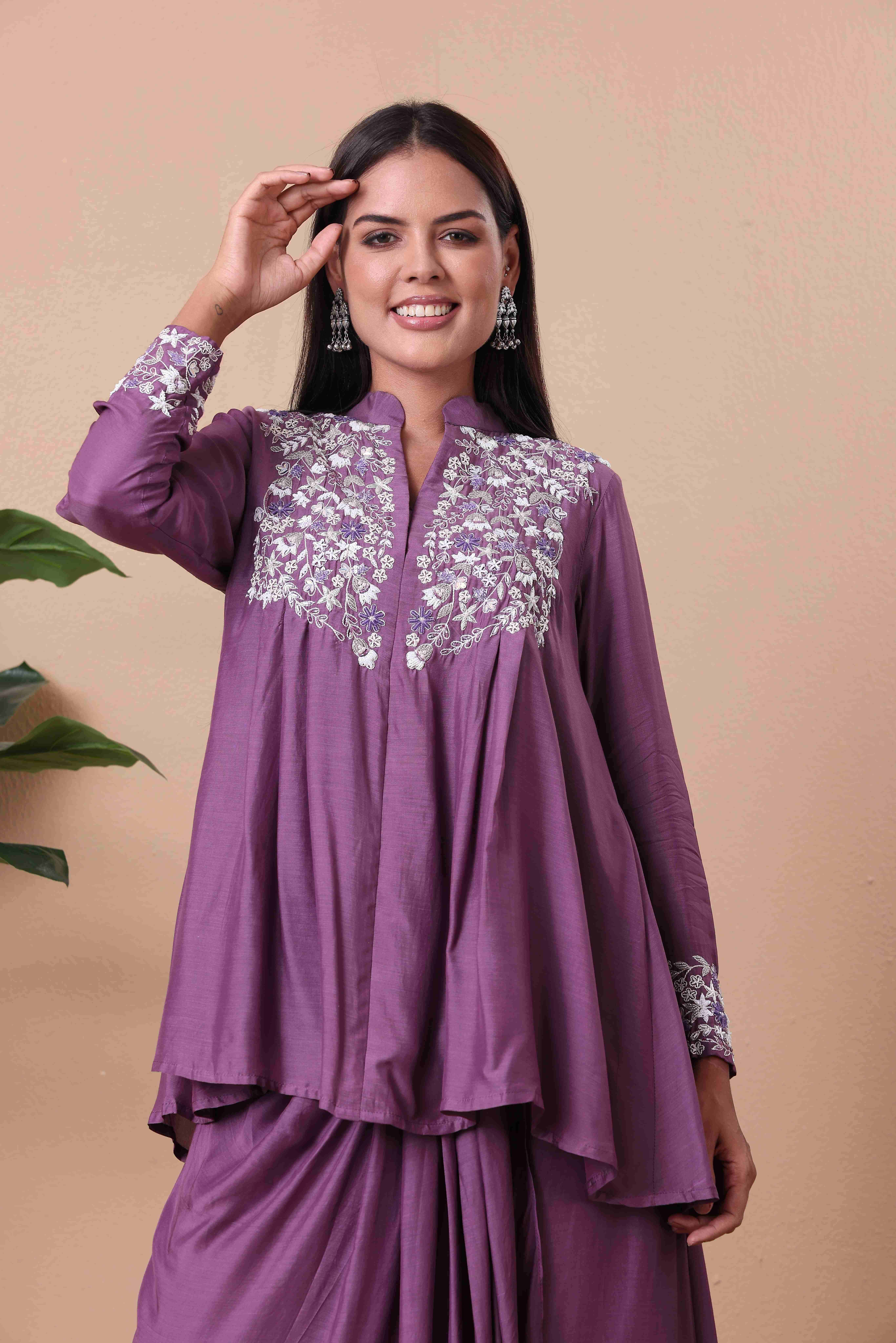 Lavender Flowy Kurta Set with Delicate Embroidery