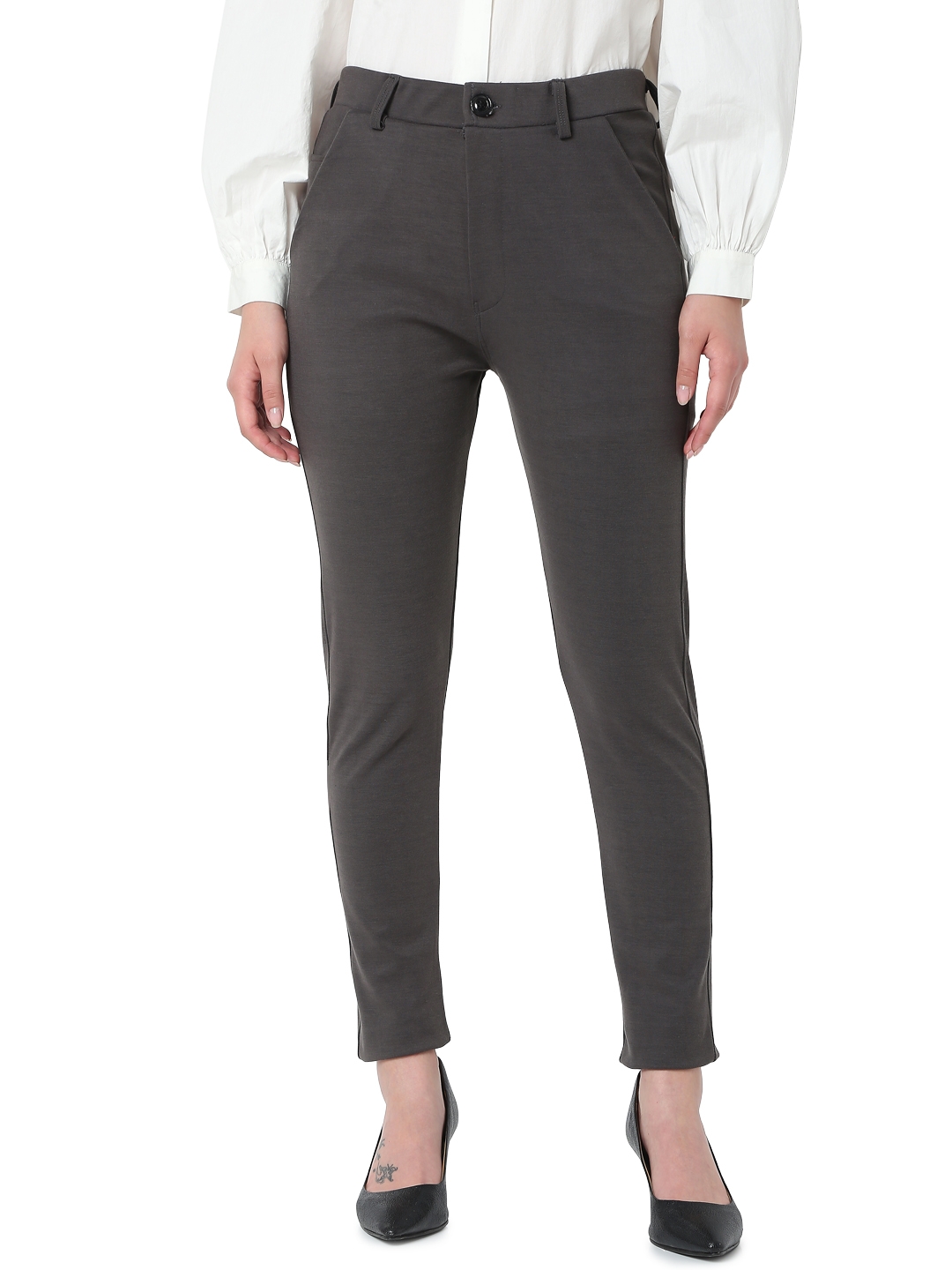 Cement Grey Cotton Trouser For Women | Solid Regular Fit | सादा /SAADAA-cheohanoi.vn