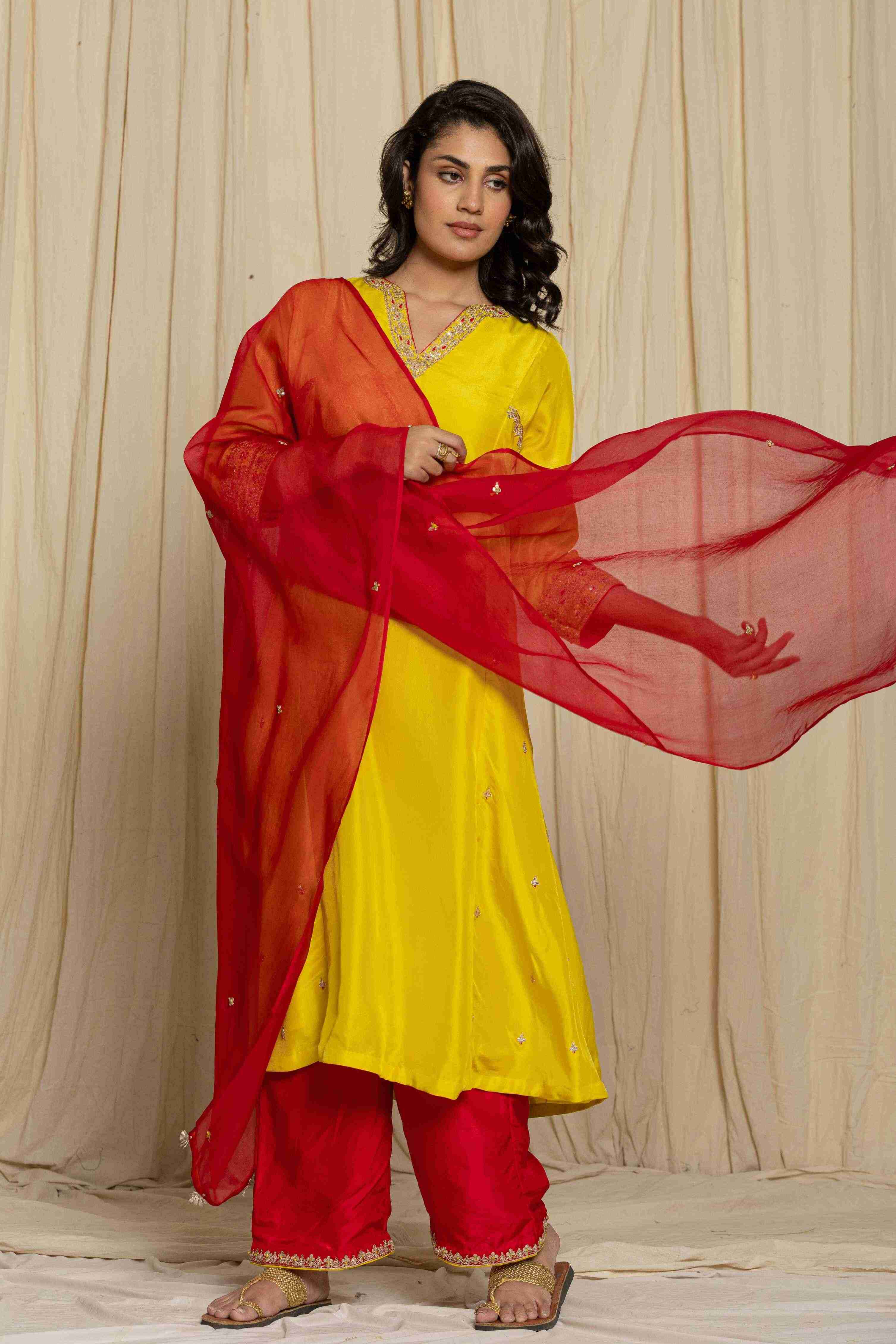 Red-yellow silk handwork kurta set