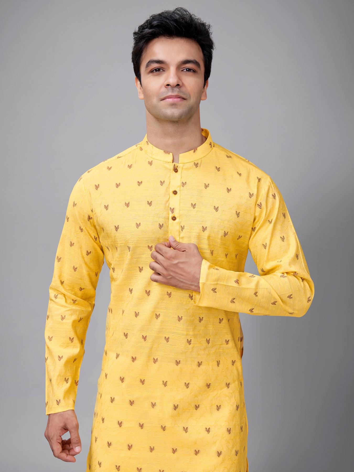 Yellow Haldi Leaf Motif Kurta Set