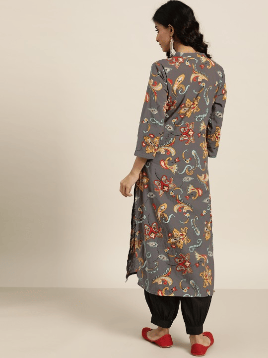 Women Grey & Black Pure Cotton Printed Kurta with Salwar