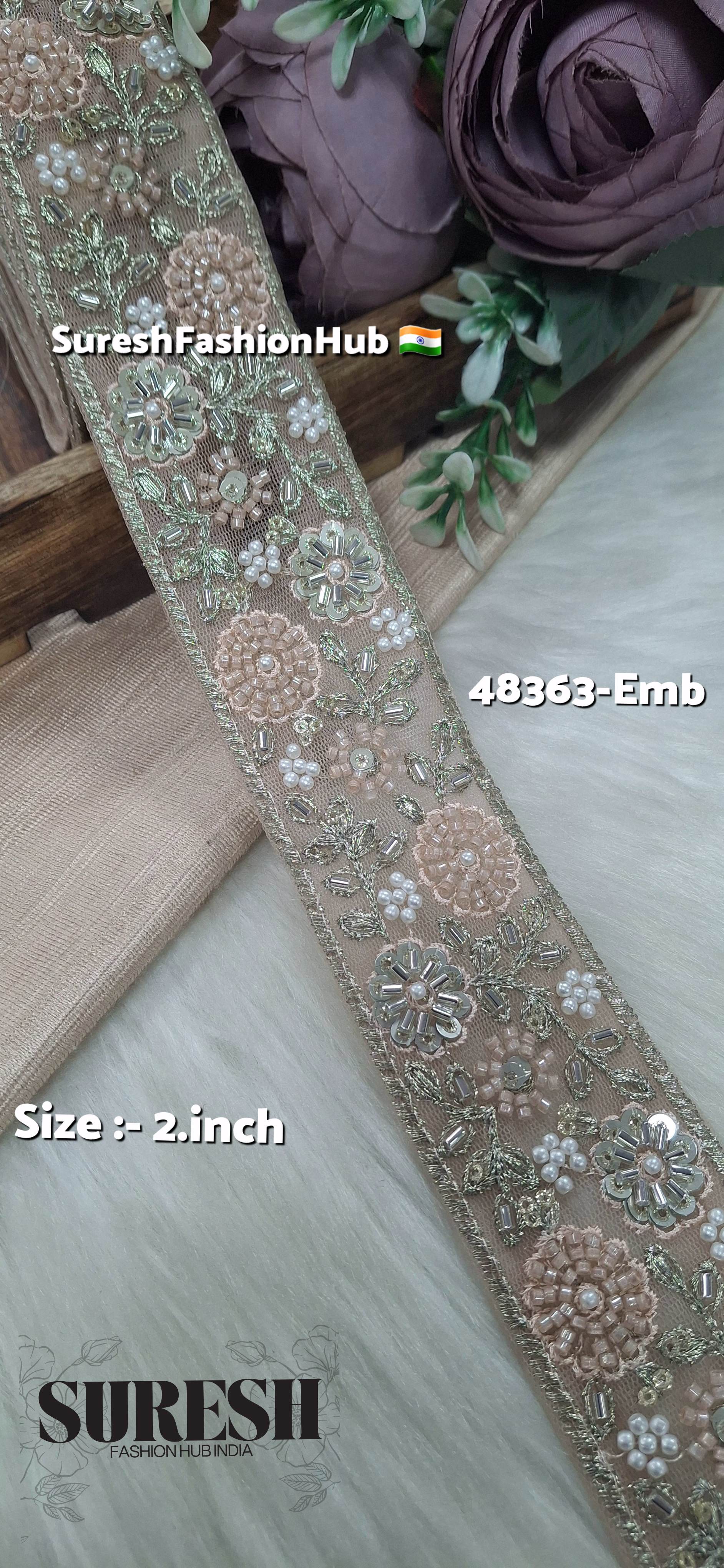 Light Peach Beaded Floral Net Embroidered Lace