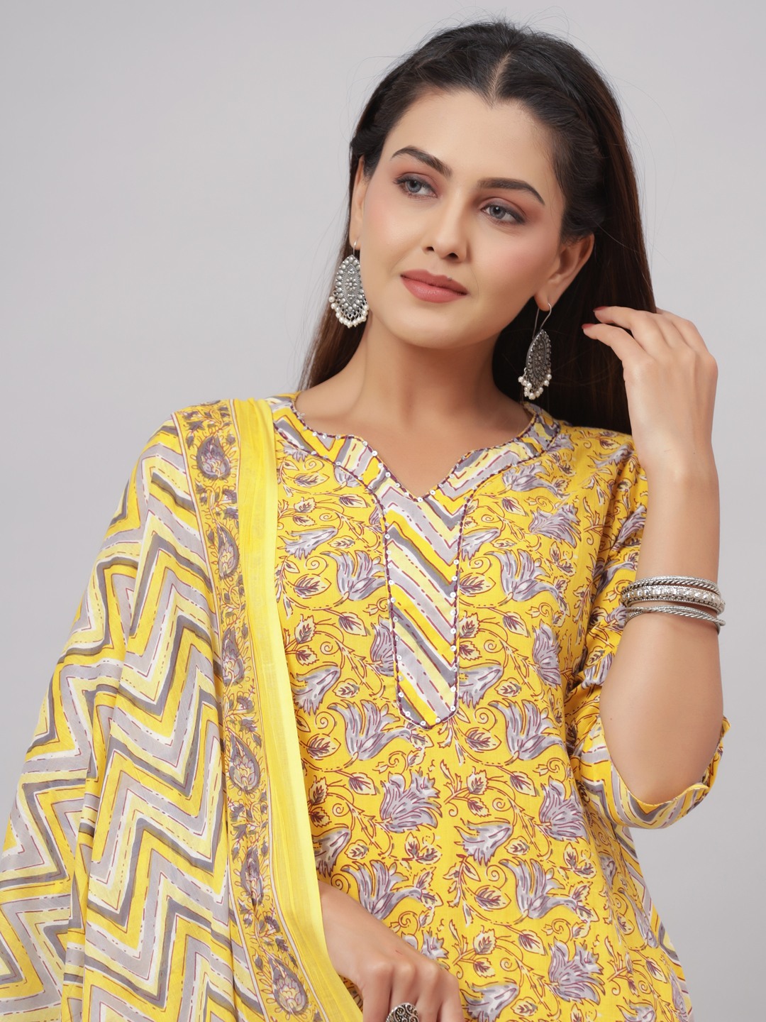 COTTON ETHNIC YELLOW PRINTED KURTA SET