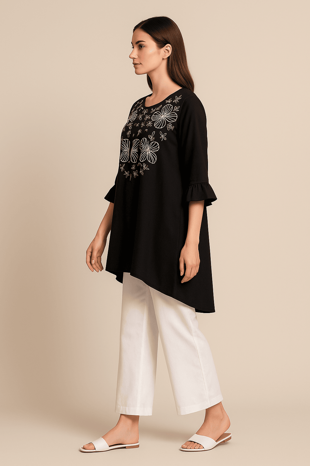 Women's Black  Embroidered co-ord With White Pant