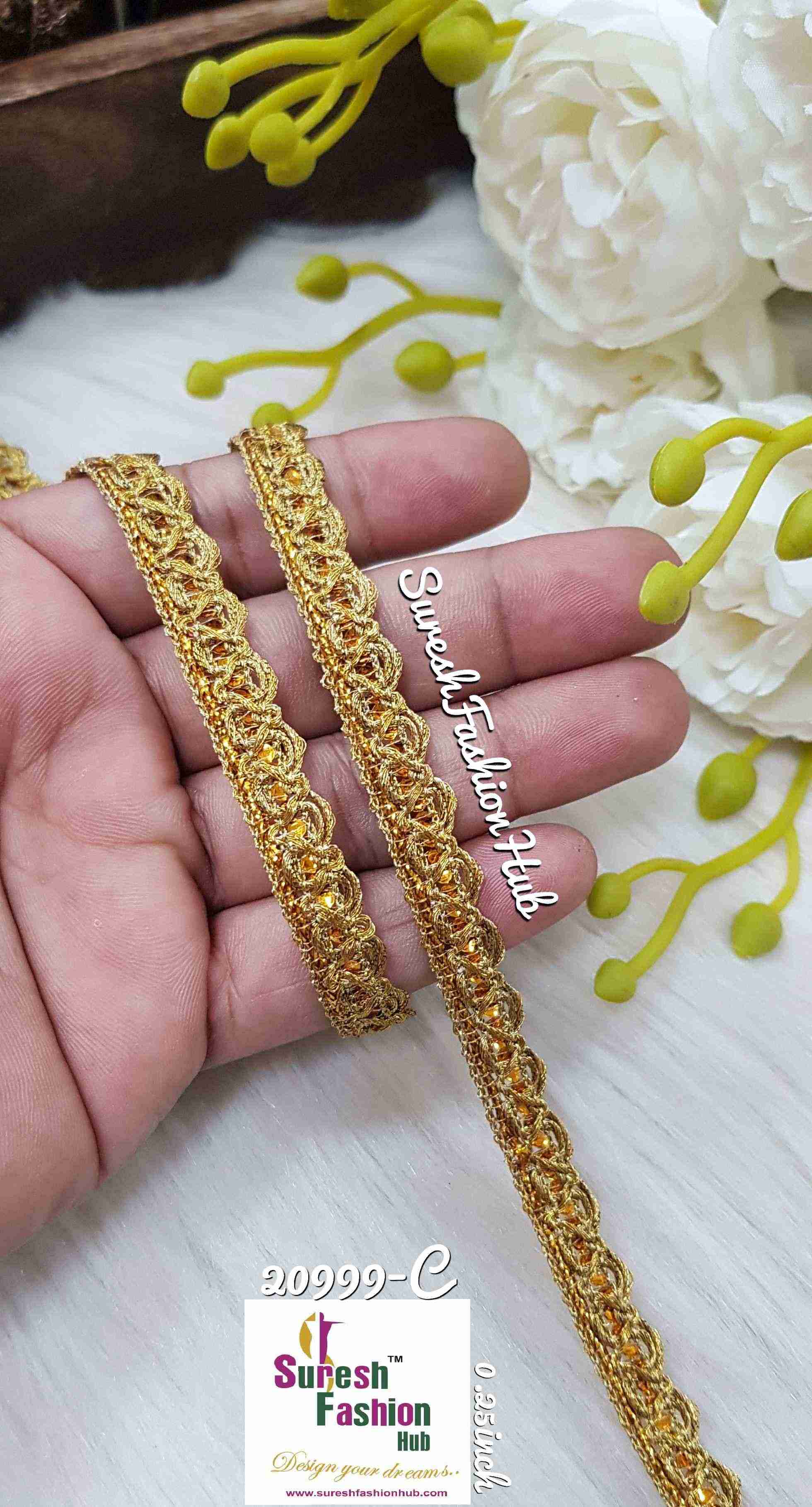Certainly! Here are some ALT text suggestions that incorporate a variety of keywords to help improve your visibility on Google:  1. "Navratri Banarasi Laces - Traditional Indian Festive Laces" 2. "Golden Silver Banarasi Lace - Elegant Metallic Trims for Garments" 3. "Cutwork Banarasi Laces - Intricate Openwork Designs"