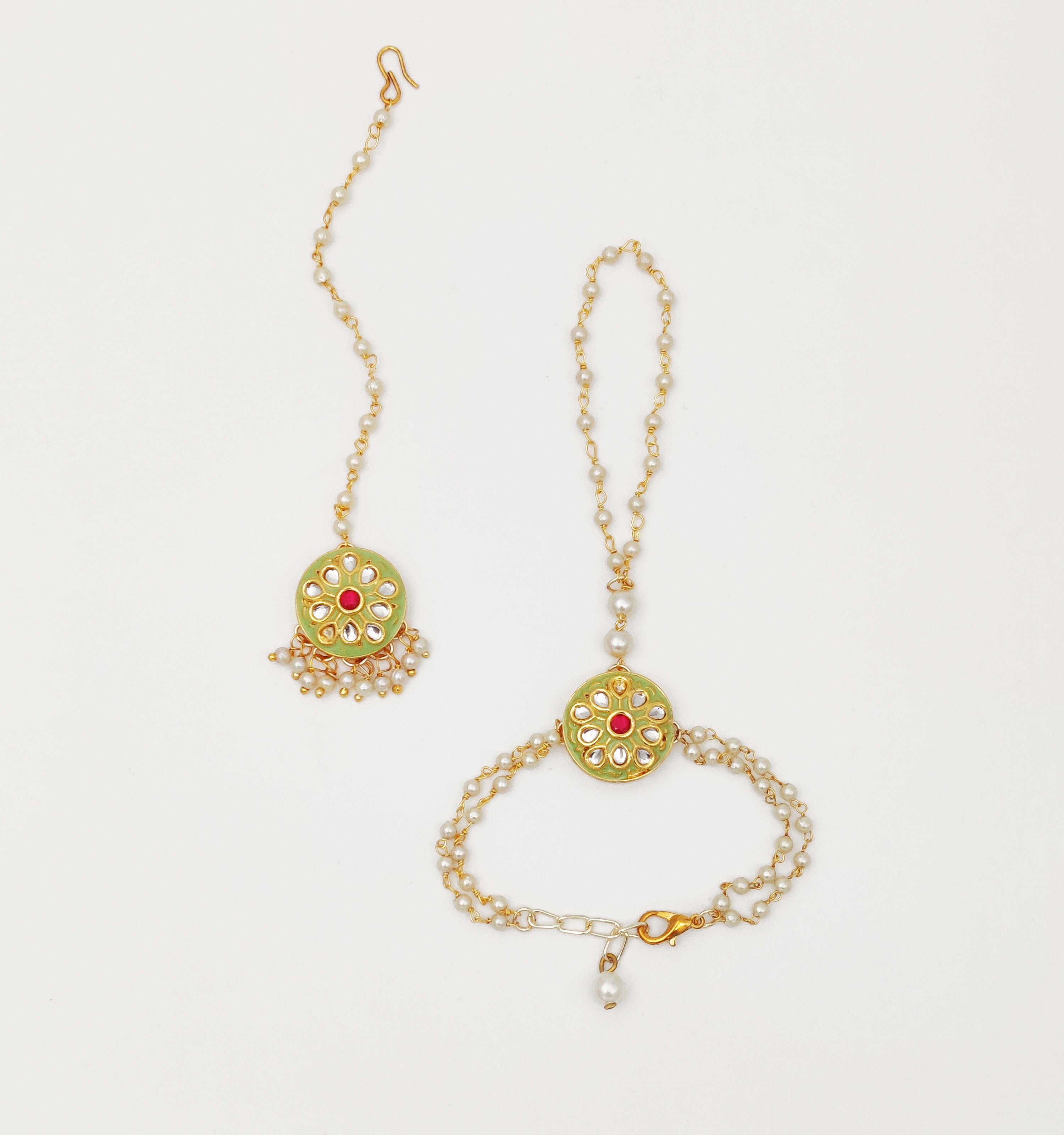 Kundan, Pearls & Meenakari Detailed Maang Tikka & Haath Phool Set - Light Green, Gold