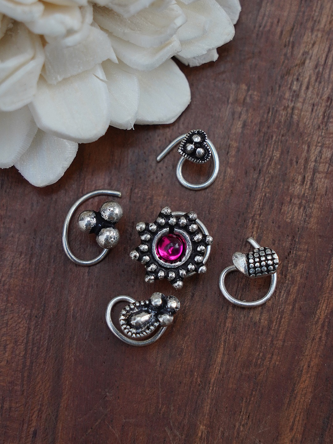 Firoza Oxidized Silver Toned Small Size Nosepin Combo For Women