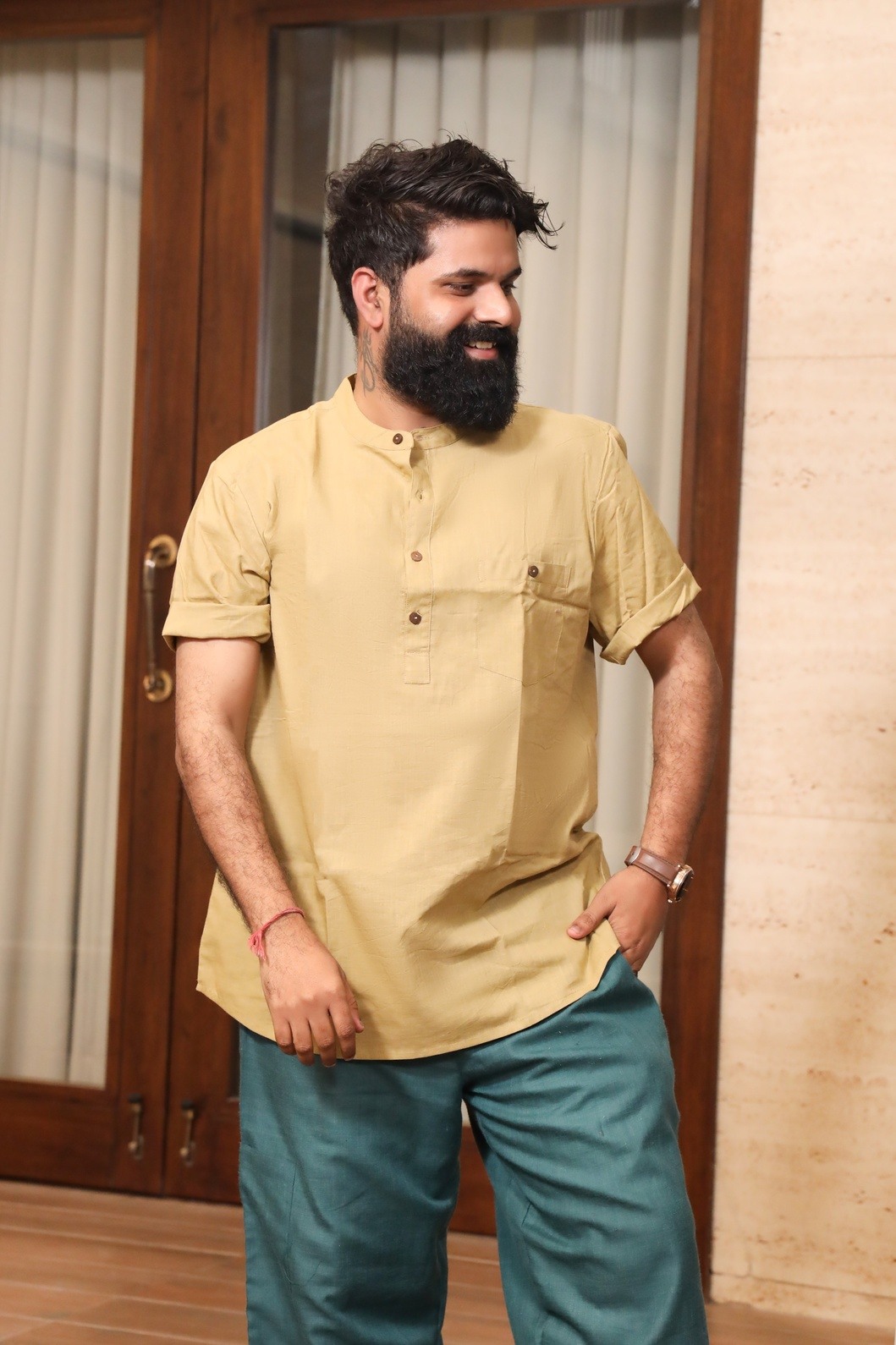 Men Khaki Pure Cotton Kurta