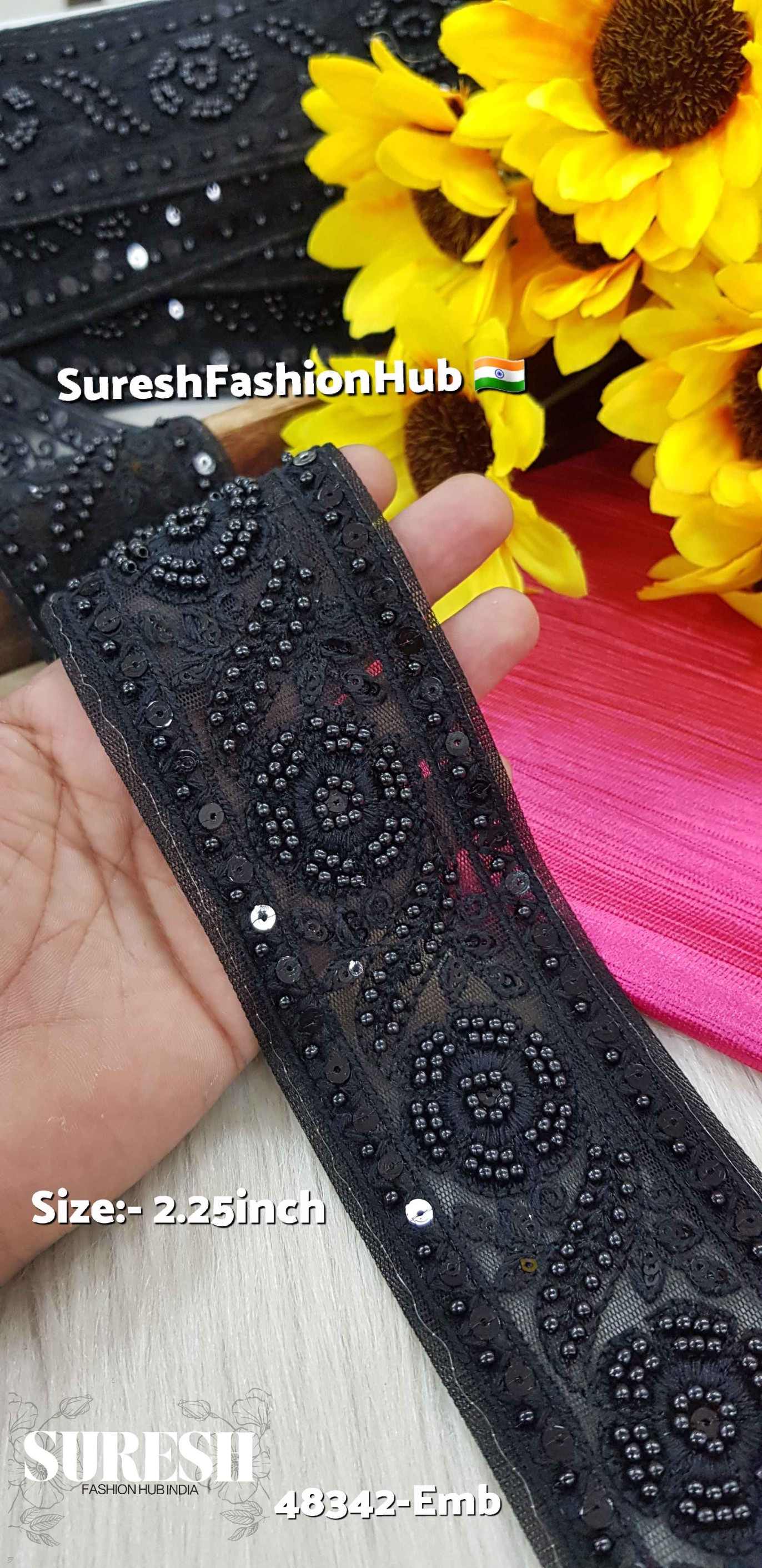 Black Floral Pearl Embroidery Lace – 48342-Emb