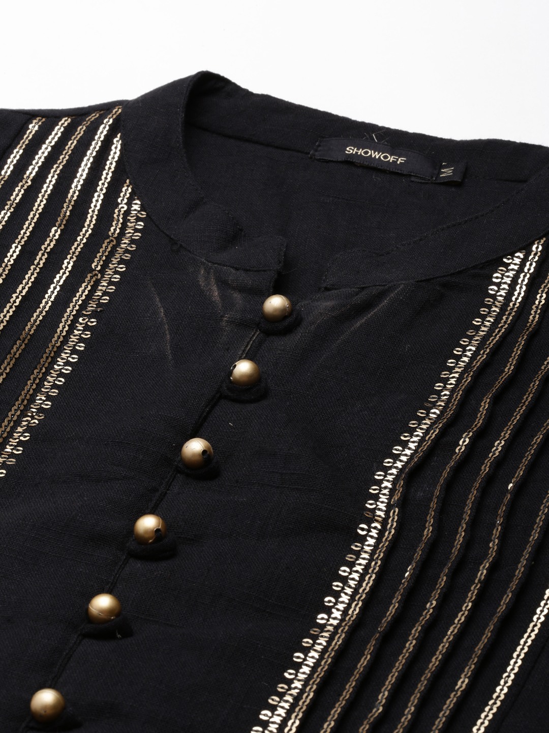 SHOWOFF Women's Mid Length Embellished Straight Black Kurta
