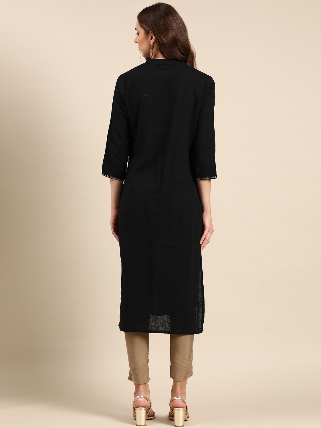 SHOWOFF Women's Mid Length Embellished Straight Black Kurta