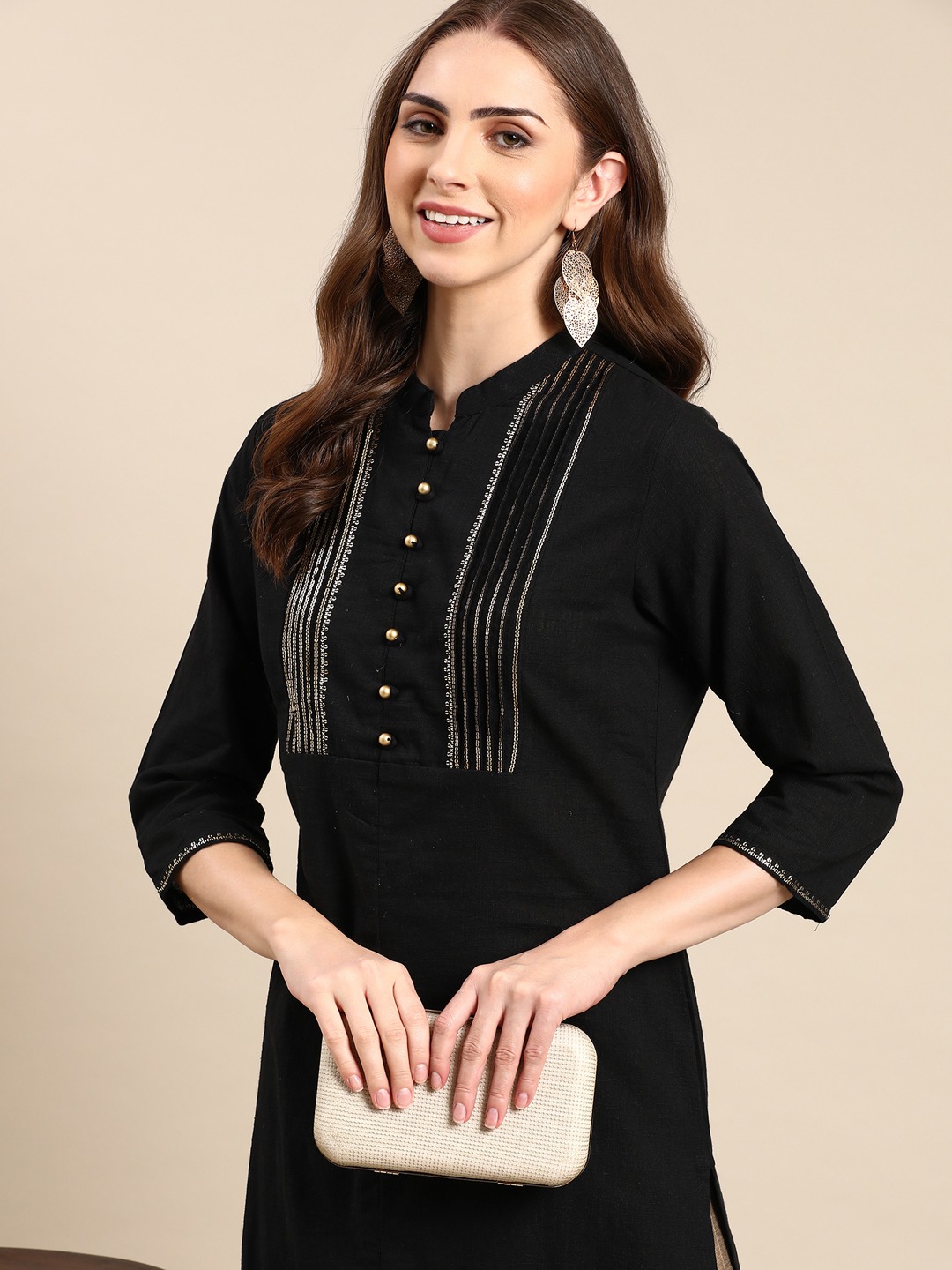 SHOWOFF Women's Mid Length Embellished Straight Black Kurta