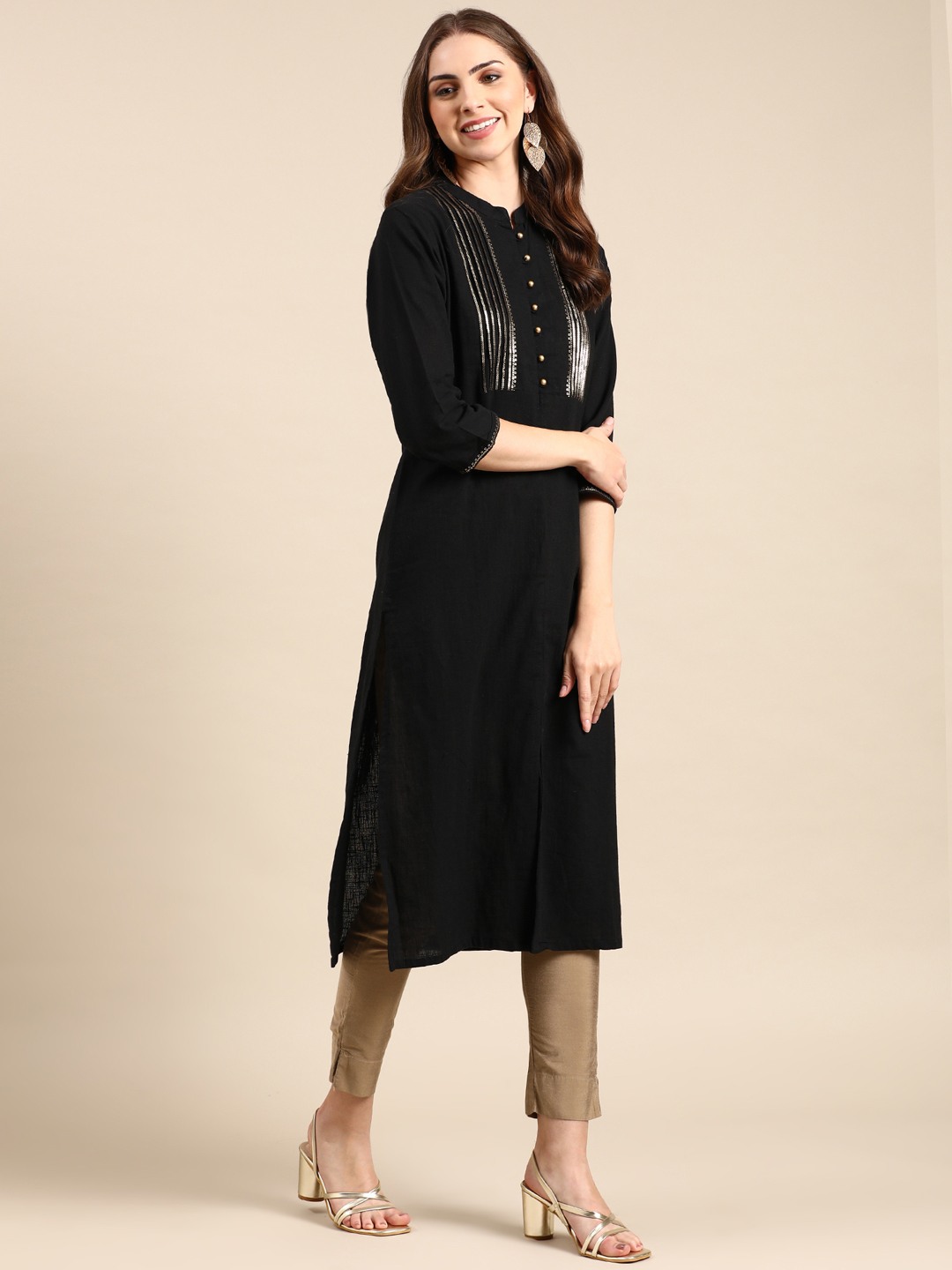 SHOWOFF Women's Mid Length Embellished Straight Black Kurta