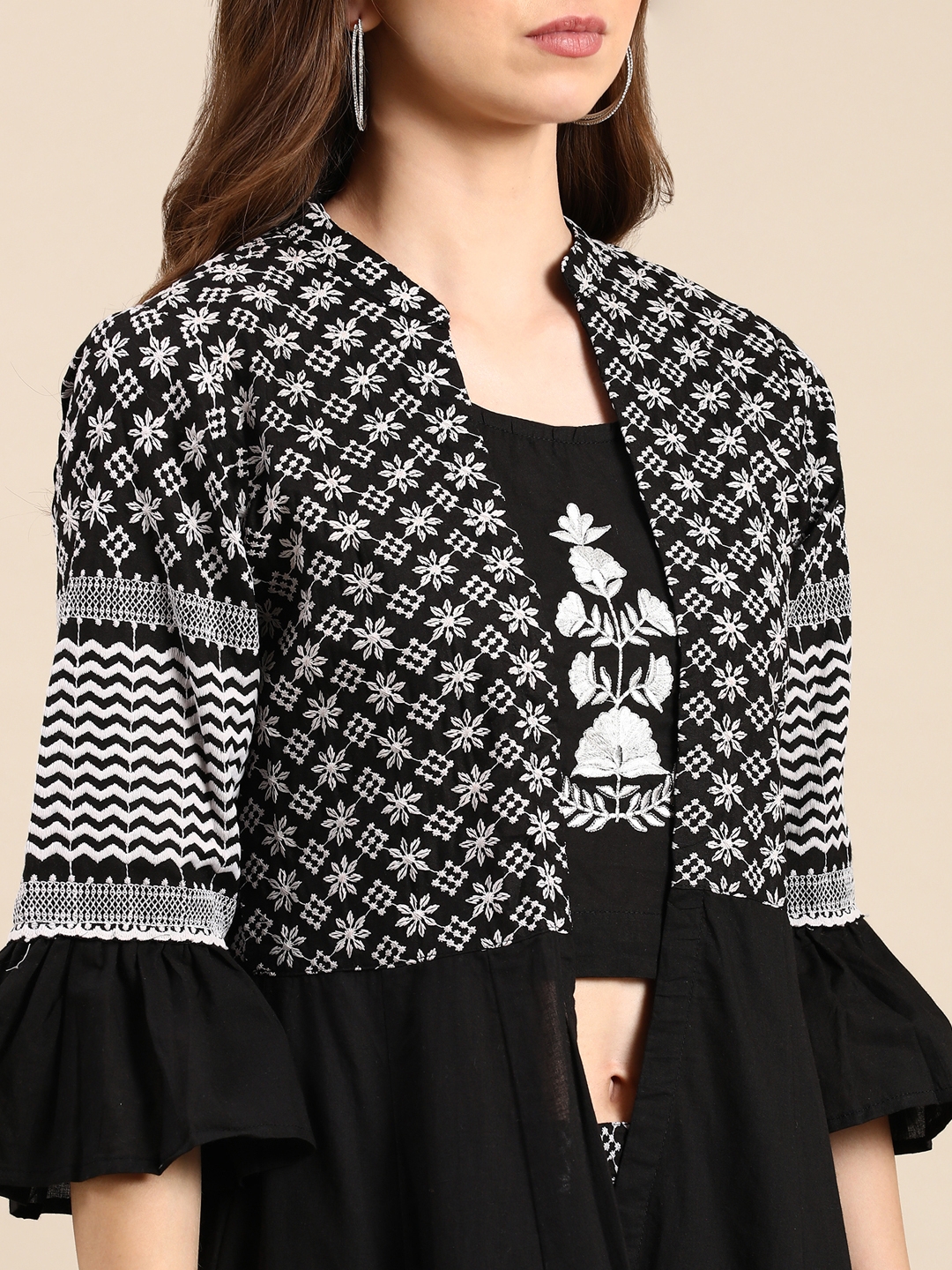 Showoff | SHOWOFF Women's Mandarin Collar Embroidered Black Kurta set 7