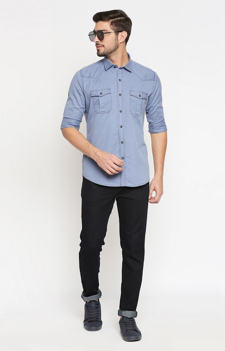 EVOQ | EVOQ Full Sleeves Solid Cotton Blue Casual Shirt 1