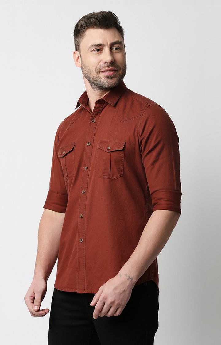 EVOQ | EVOQ's Rust Full Sleeves Cotton Casual Shirt with Double Flap Pocket for Men 3
