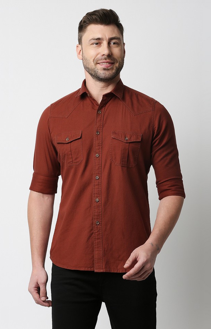 EVOQ | EVOQ's Rust Full Sleeves Cotton Casual Shirt with Double Flap Pocket for Men 0