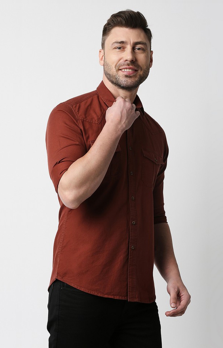 EVOQ | EVOQ's Rust Full Sleeves Cotton Casual Shirt with Double Flap Pocket for Men 2