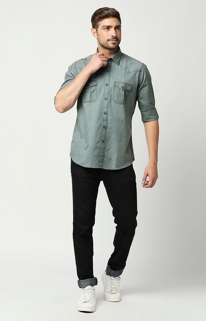 EVOQ | EVOQ's Shiny Green Full Sleeves Cotton Casual Shirt with Double Flap Pocket for Men 1