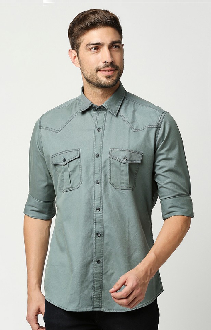 EVOQ's Shiny Green Full Sleeves Cotton Casual Shirt with Double Flap Pocket for Men