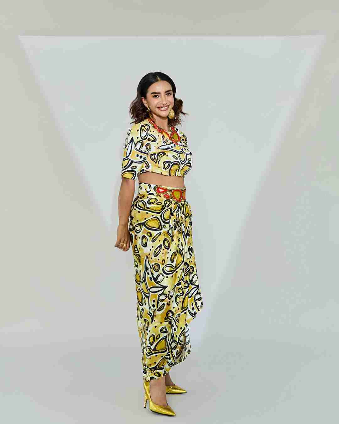 Printed Crop Top and Draped Skirt with Embroidery Detail
