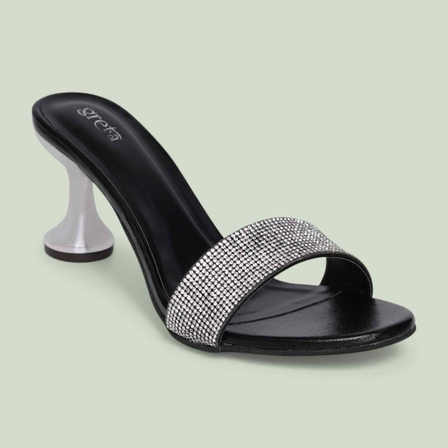 Women’s Black Crystal Slip-On Heels with Sculpted Heel