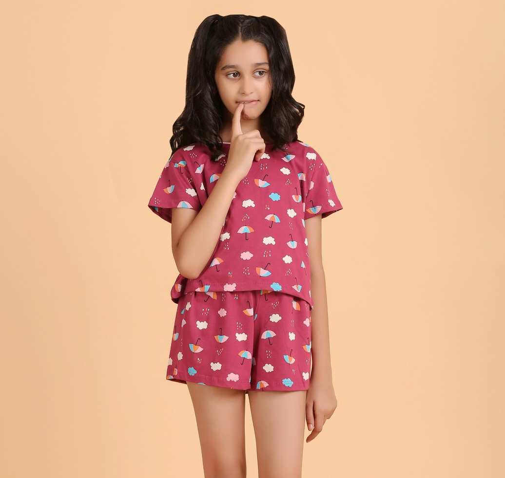 Ninos Dreams Girls 100% Cotton Night suit Umbrella Print with Top & Shorts-Maroon