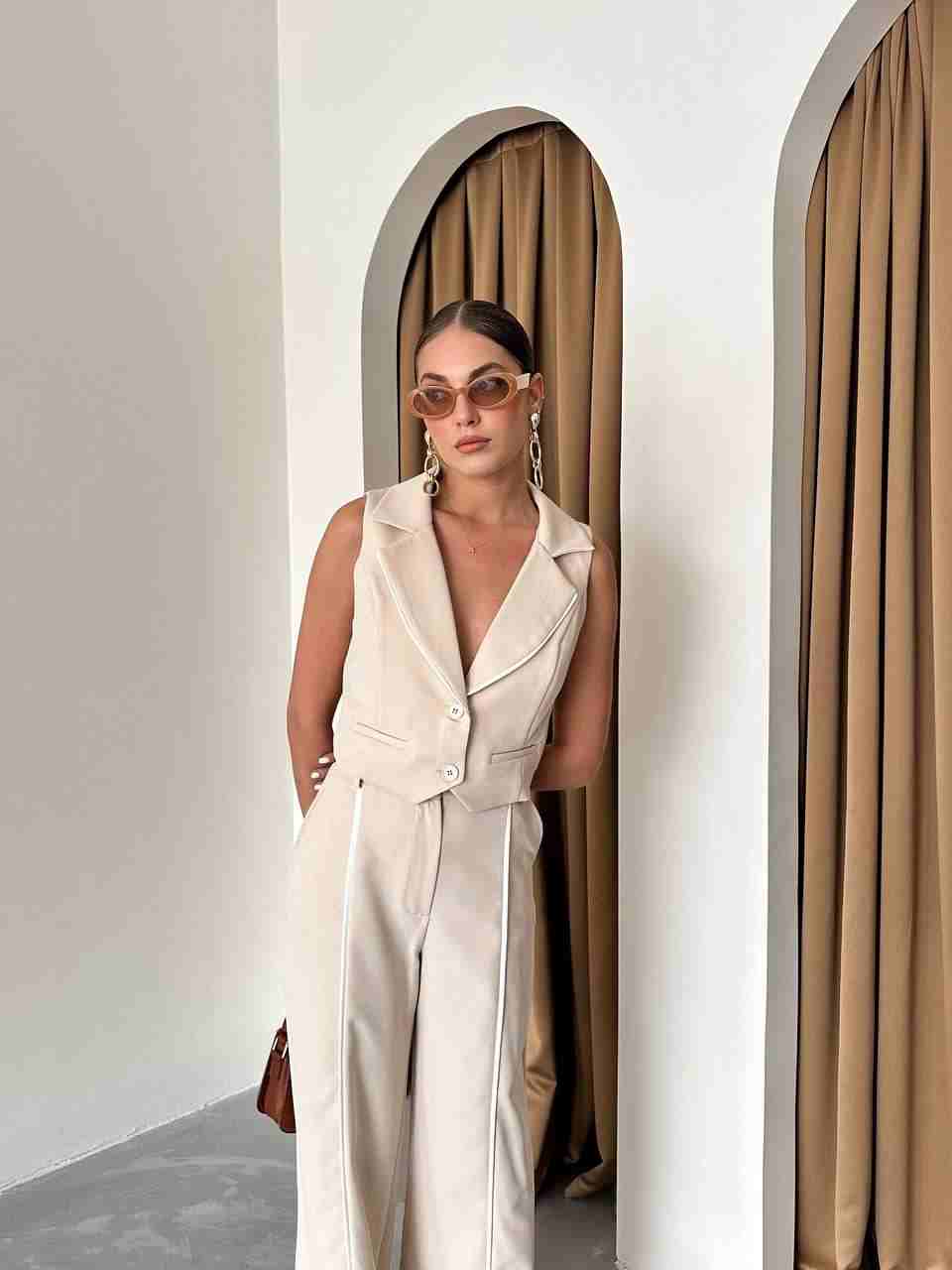 Beige waistcoat and pants co-ord set with piping