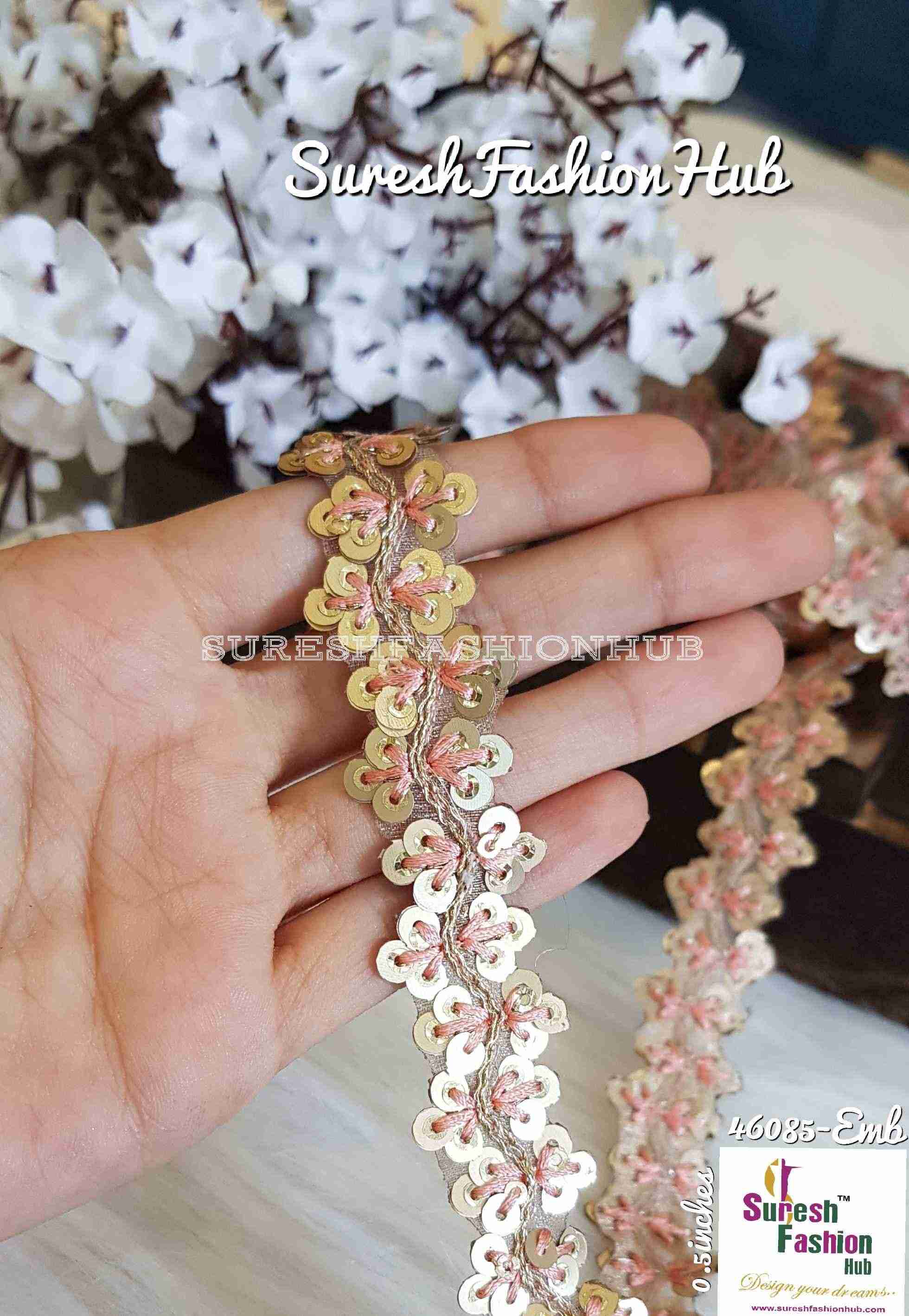 Sequence Salmon Pink Thread Embroidered Leaves Designer Trim