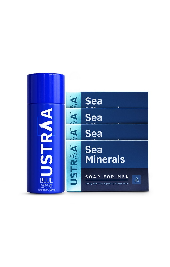Ustraa | Ustraa Blue Deodorant - 150 ml & Sea Minerals Soap - 100g (Pack Of 4) 0