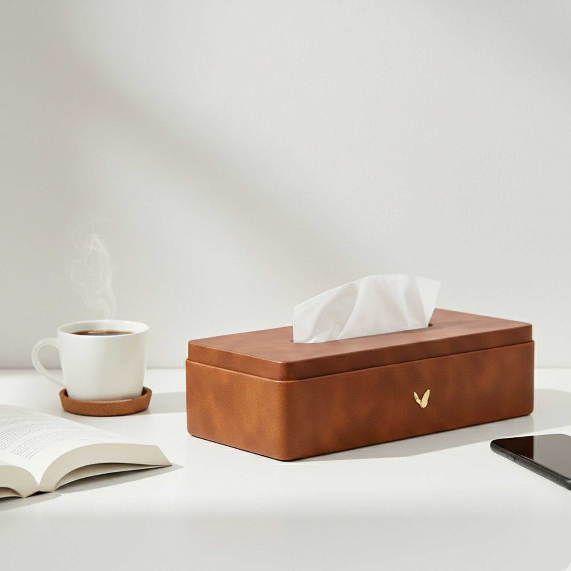 Tissue Box Holder for Home and Office in Premium Faux Leather | Size: 9.5 x 4.5 x 2.5(H) Inches | Classic | Tan