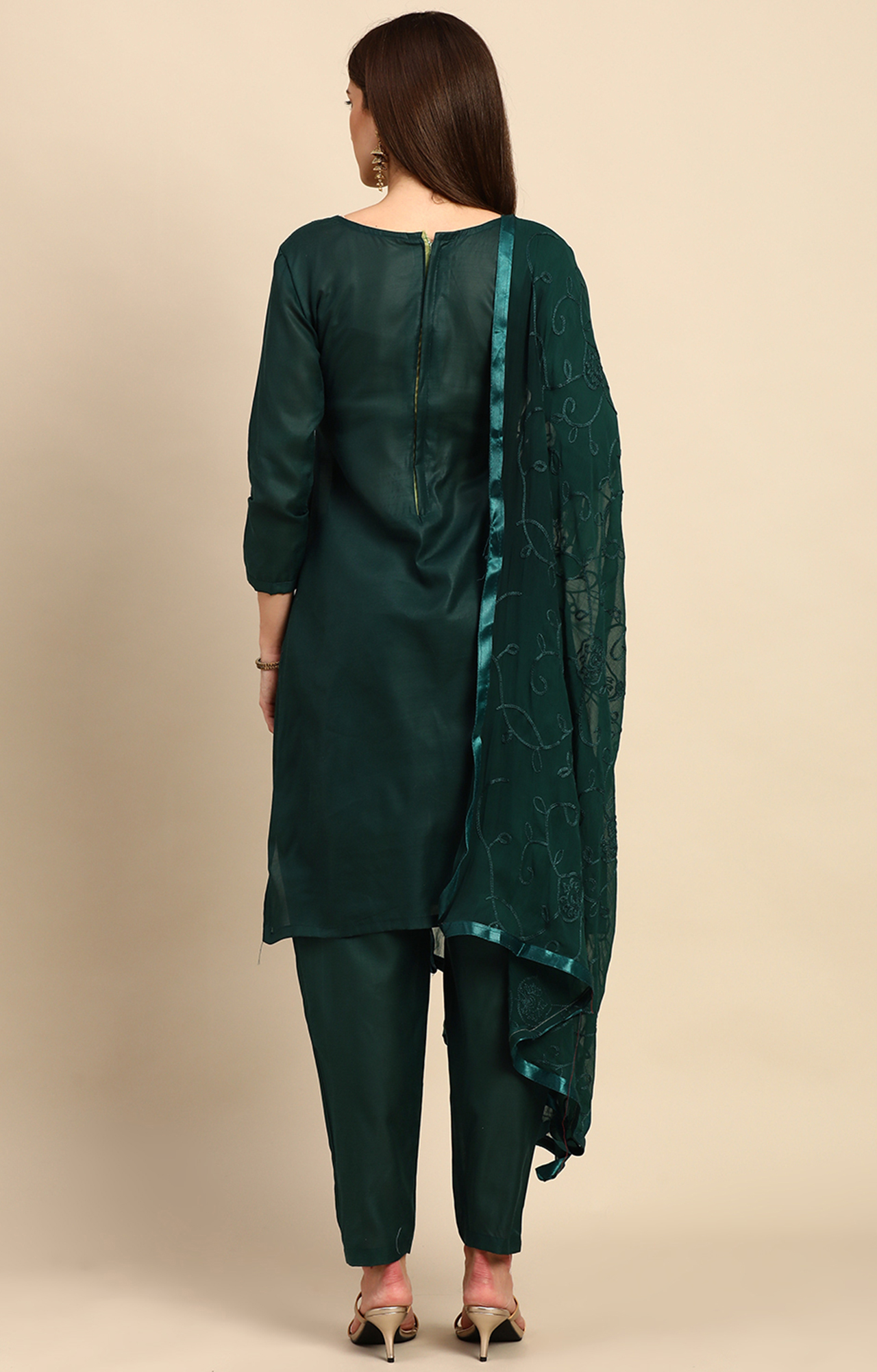 Shaily Women Dark Green Color Cotton Embroidered With Pearl Unstitched Dress Material-VF_KRINA_DGRN_DM
